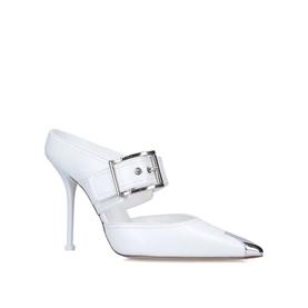 Alexander McQueen Punk Buckle Belt Mules in white leather, pointed silver-tipped toe, large buckle strap, stiletto heel