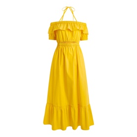 Whistles Serena Poplin Bardot Midi Dress in yellow with off-shoulder ruffle neckline, ruched waist, halter tie, and tiered hem