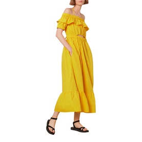 Model wearing Whistles Serena Poplin Bardot Midi Dress in yellow with off-shoulder ruffle neckline, cut-out waist, and tiered hem