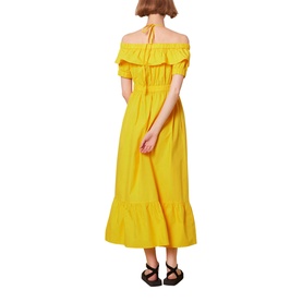 Model wearing Whistles Serena Poplin Bardot Midi Dress in yellow, showing off-shoulder ruffle neckline, puff sleeves and tiered hem