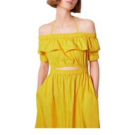 Model wearing Whistles Serena Poplin Bardot Midi Dress in yellow, showing off-shoulder ruffle detail and cut-out waist in cotton poplin