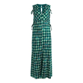 Whistles Silk Checkerboard Midi Dress in green, sleeveless with V-neck, tie shoulder details, gathered waist and checkerboard print