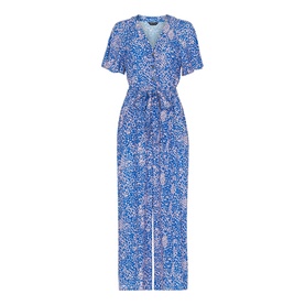 Whistles Lively Animal Jemma Jumpsuit in blue flecked print, V-neck, short frill sleeves, wide-leg trousers, and self-tie belt