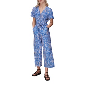 Model wearing Whistles Lively Animal Jemma Jumpsuit in blue floral print, V-neck, frill sleeves, tie waist