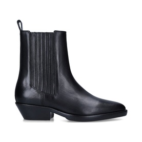 Isabel Marant Delena Boots in black leather with pointed toe, stacked Cuban heel, and elasticated side panels