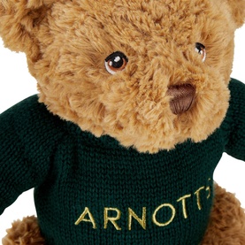 KeelCo Toys Arnotts Teddy Bear, beige plush soft toy with dark green knit sweater featuring embroidered Arnotts branding
