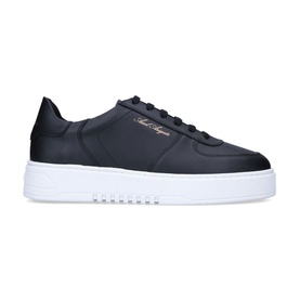 Axel Arigato Orbit Trainers in black leather, lace-up low top with perforated toe panel, rose gold branding, white flatform sole