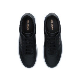Axel Arigato Orbit Trainers in black leather, lace-up low top with perforated toe panel and white flat sole, overhead view