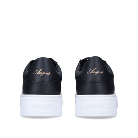 Axel Arigato Orbit Trainers in black leather, rear view showing rose gold script branding and white flat sole