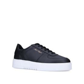 Axel Arigato Orbit Trainers in black leather, lace-up low top with perforated toe panel, rose gold branding, white flatform sole