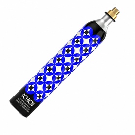JOYOL sparkling water maker CO2 cylinder in blue and white geometric tile-print design with gold nozzle top