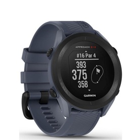 Garmin Approach S12 Golf GPS smartwatch in granite blue with black case, displaying yardage data on screen