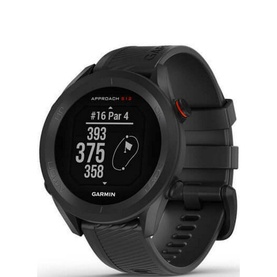 Garmin Approach S12 Golf GPS Watch in black, displaying hole distance data on screen, with black rubber strap