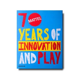 Assouline Mattel: 70 Years of Innovation and Play hardback book with bright blue cover and bold multicoloured typography