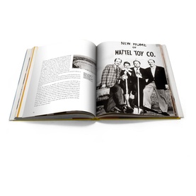 Assouline Mattel: 70 Years of Innovation and Play hardback book open to a black-and-white page featuring Mattel Toy Co. imagery