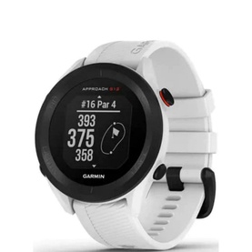 Garmin Approach S12 Golf GPS smartwatch in white with black bezel, displaying golf course yardage data on screen