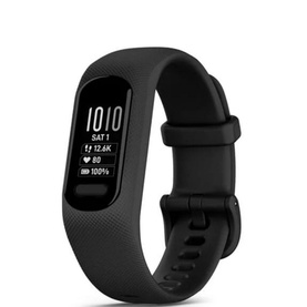 Garmin Vivosmart 5 fitness tracker in black with slim band and OLED display showing steps, heart rate and battery stats