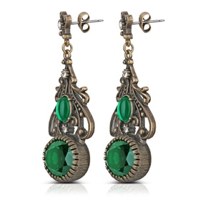 Newbridge Embellished Fob Drop Earrings in antique gold-tone with emerald green glass stones and vintage-inspired filigree drop design