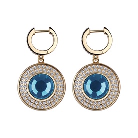 Newbridge Montana Stone Earrings in blue, gold-tone drop hoops with round blue crystal centre and white pav&eacute; stone surround