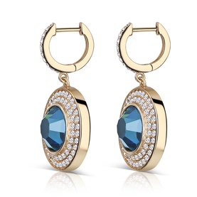 Newbridge Montana Stone Earrings in blue, gold-tone hoops with oval blue crystal drop pendants, clear crystal pav&eacute; surround, two-tier setting