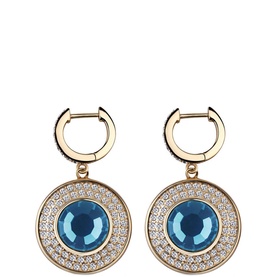 Newbridge Montana Stone Earrings in blue, gold-tone drop hoops with round blue crystal centre and white pav&eacute; stone surround