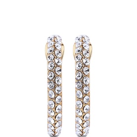 Newbridge Golden Honey Crystal Hoops, gold-tone hoop earrings with white crystal stone settings across the full hoop face