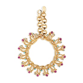 Newbridge Pink Turquoise Bracelet in 14K gold with pink and aquamarine crystal stones and faux turquoise embellishments, circular charm design