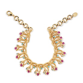 Newbridge Pink Turquoise Bracelet in 14K gold with pink and aquamarine crystal stones, faux turquoise embellishments, textured leaf design