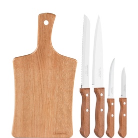 Tramontina Five Piece Kitchen Knives Set with stainless steel blades, brown wooden handles, and matching wooden cutting board