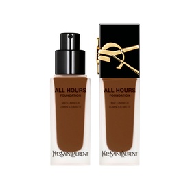 Yves Saint Laurent All Hours Luminous Matte Foundation SPF39 25ml in deep brown shade, shown as bottle and box set