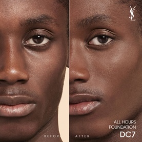 Yves Saint Laurent All Hours Luminous Matte Foundation SPF39 shade DC7 before and after split image showing coverage and finish on deep skin tone