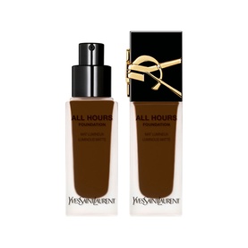 Yves Saint Laurent All Hours Luminous Matte Foundation SPF39 25ml in deep brown shade, shown as bottle and boxed packaging