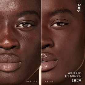 YSL All Hours Luminous Matte Foundation SPF39 shade DC9 before and after split shot showing coverage and finish on deep skin tone