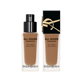 Yves Saint Laurent All Hours Luminous Matte Foundation SPF39 25ml in warm tan shade, shown as bottle and boxed packaging