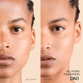 YSL All Hours Luminous Matte Foundation SPF39 in DN1 before and after split shot showing coverage and skin-smoothing effect