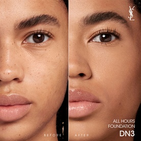YSL All Hours Luminous Matte Foundation SPF39 in DN3, before and after comparison showing coverage and natural matte finish on model's skin