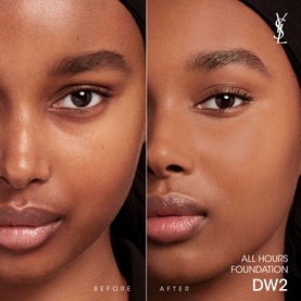 Before and after split showing YSL All Hours Luminous Matte Foundation SPF39 in shade DW2 on model's complexion