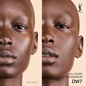 YSL All Hours Luminous Matte Foundation SPF39 in shade DW7 before and after model skin comparison shot