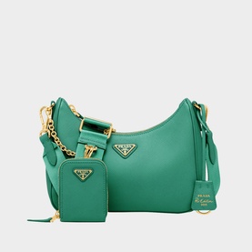 Prada Re-Edition 2005 Saffiano Leather Bag in green with gold hardware, detachable chain, mini pouch, and adjustable shoulder strap