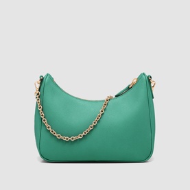Prada Re-Edition 2005 Saffiano Leather Bag in green with gold-tone chain handle and enamelled triangle logo detail