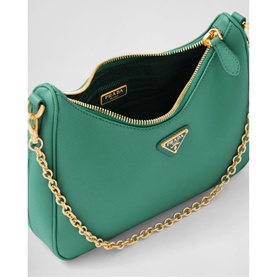 Prada Re-Edition 2005 Saffiano Leather Bag in green, open to show interior, with gold-tone chain handle and triangle logo hardware
