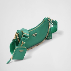 Prada Re-Edition 2005 Saffiano Leather Bag in green with gold-tone chain strap, detachable mini pouch, and enamelled triangle logo