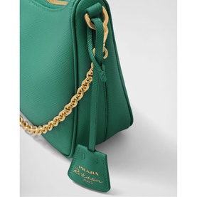 Prada Re-Edition 2005 Saffiano Leather Bag in green with gold chain handle and branded leather tag with keychain detail