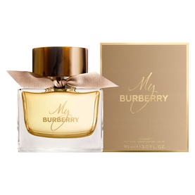 Burberry My Burberry Eau de Parfum 90ml in gold bottle with satin bow, shown alongside gold gift box