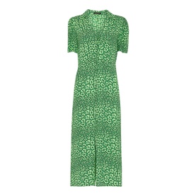 Whistles Leopard Petals Midi Dress in green leopard print with short sleeves, V-neck collar and button-through fastening