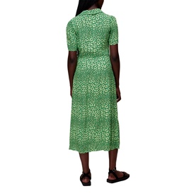 Model wearing Whistles Leopard Petals Midi Dress in green leopard print, back view, short sleeves, collar, button fastening, with black sandals