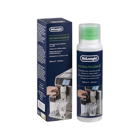 DeLonghi MultiClean Milk System Cleaner 250ml bottle with green cap, shown alongside product packaging box