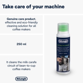 DeLonghi MultiClean Milk System Cleaner 250ml bottle with green cap, shown alongside cleaning benefit callouts