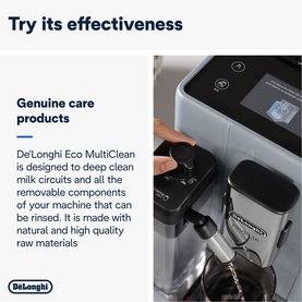 Delonghi MultiClean Milk System Cleaner 250ml being applied to a coffee machine milk circuit, with promotional text overlay