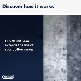 De'Longhi Eco MultiClean promotional graphic showing before and after surface comparison demonstrating descaling effectiveness on coffee maker